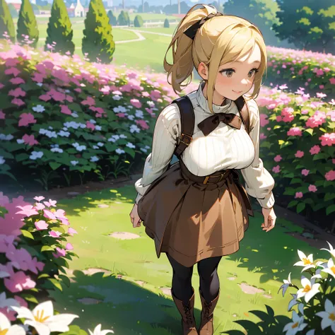 (high quality, High resolution, Very detailed, reality:1.37), Peaceful atmosphere, (Outdoor, garden), Teenage girl standing alone, (My breasts are large.), Beautiful details, Cute Smile, (Blonde Ponytail), Ribbed sweater,Brown skirt, Black tights, Brown bo...