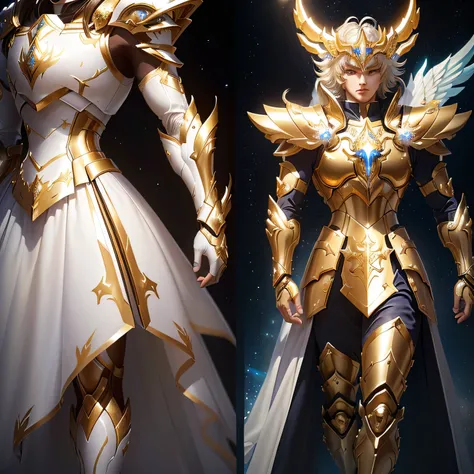 a close up of two different views of a boy in a spacesuit, unreal engine render Saint Seiya, Saint Seiya, knights of the zodiac , official character art, draconic looking armor, bright white armor, cyber japan style armor, new fantasy design concept, chara...