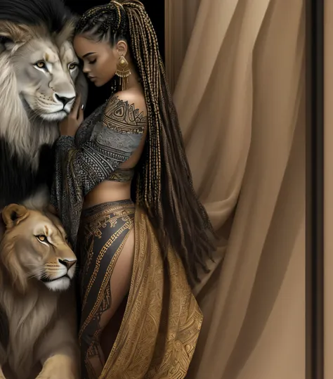 a woman with braids and a lion on her shoulder, african queen, black african princess, with the mane of a lion, african princess, queen of the jungle, stunning african princess, black art, the smooth black lioness, gorgeous goddess of leo, gorgeous woman, ...