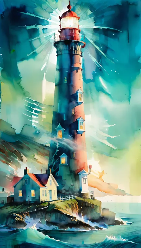 watercolor painting of lighthouse on cape, (art by Carne Griffiths), epic landscape, sea, waves, night sky, fog, ray from lighthouse, ray tracing