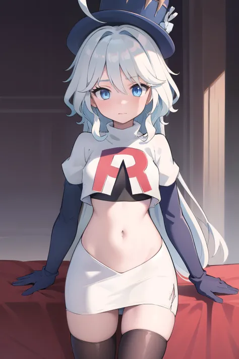 ((masterpiece,best quality)), 1girl, furina, heterochromia, blue hat, ahoge, team rocket,team rocket uniform,white skirt,red letter R,crop top,black thigh-highs,black elbow gloves