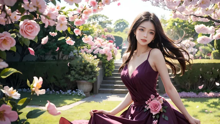 A 1 woman look at camera with dark long hair, pink dress , sexy pose in rose garden, sun light, under a canopy of blooming flower ,
Petals fall gently around her, and the delicate fabric of her dress moves softly in the breeze, creating a romantic and drea...