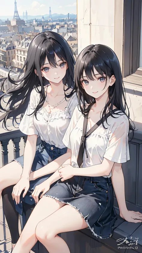 2 girls,(Medium length black hair)(Beautiful hair), Actor, smile, Radiant skin, best quality, masterpiece, (Photorealistic:1.4), Balcony seats, Europe, France, Paris, Short denim skirt (Realistic fabric), Short white sleeves (Cotton), (Not a logo), Thin fi...