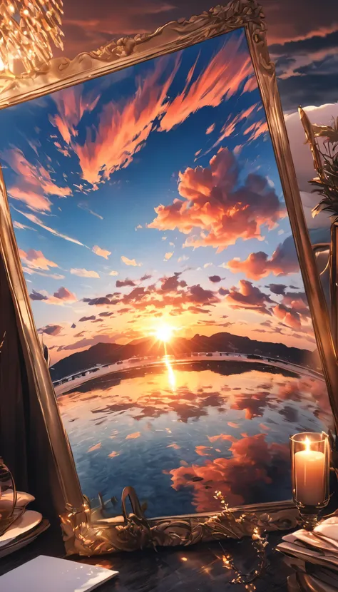 The sky reflected in the sea like a mirror, reflection, symmetry, sunset, red sky, beautiful sky, dreamy, clouds, sunset, wonderful scenery awaits you, the best time for you, best quality, photo, structurally correct, perfect composition, photo taken for a...