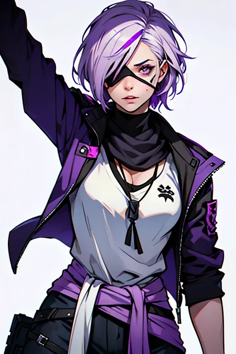 draw a female survivor from DBD, white with short white hair and a purple streak, wearing an eye patch, with black and purple clothes and a small totem on the waist, purple totem.