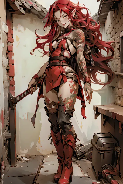 beautiful woman standing, scarlet red hair, wavy hair, red lipstick, holding axe guitar, dark eyes, thigh-high boots, small waist, smirking, pointed ears