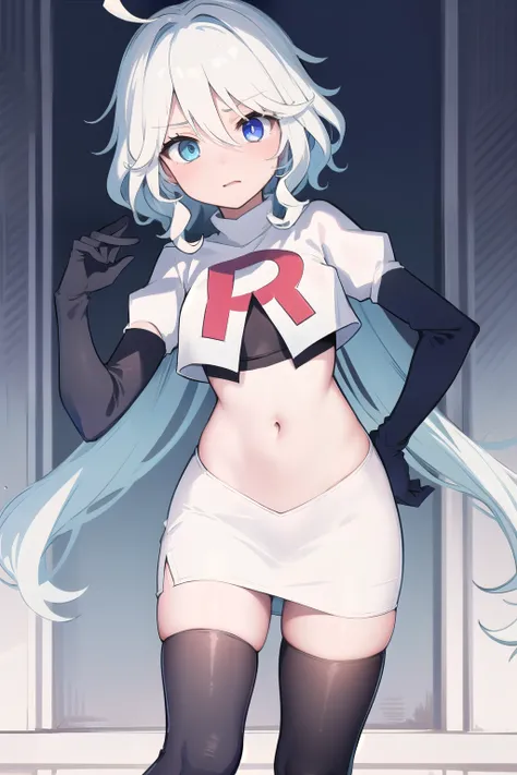 ((masterpiece,best quality)), 1girl, furina, heterochromia, blue hat, ahoge, team rocket,team rocket uniform,white skirt,red letter R,crop top,black thigh-highs,black elbow gloves