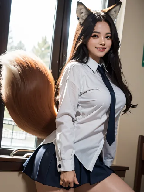 
((Best Quality, 8k)), ((masterpiece)), (Highest Resolution), Perfect Face, Woman with fox ears, Woman with a tail, Beautiful woman, She is a student at school, It was taken at school, Only one tail, She has thick thighs, Her big fox tail, I can see her fo...