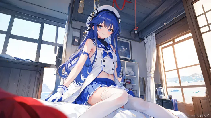 best quality, masterpiece, 1 girl, alone, Ferry, Long hair, FerryBase, thighhighs, Bare shoulders, decorations, Sleeveless, White suit, Blue skirt, glove, bed room, bed, Wooden floor, Sitting, Sitting on bed, From below, Hands on legs, smile, Soft light