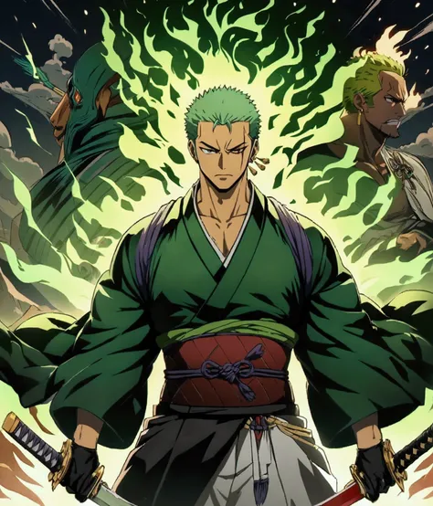 Anime character with green hair with a scar on the left eye holding 3 swords 1 with mouth, kimono, Japanese, espadas legendary Japaneseas, 3 gold earrings, Roronoa Zoro, aura of green fire covering the body, HD illustration, handsome boy in Assassin art De...