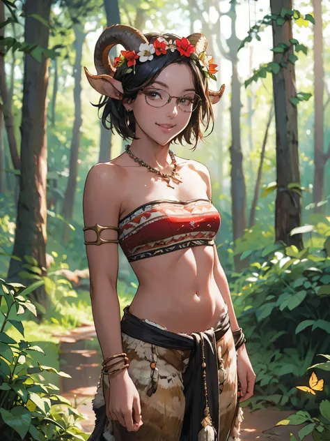 girl, satyr, forest, fur pants, furry, tube top, short hair, goat horns, looking at viewer, smile, tribal feathers necklace, bra...