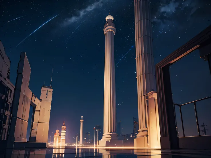 Lower floor square pillars, Octagonal pillar in middle section, Top circular, A streak of light emerges from the top, cyberpunk, Lighthouse, night, Starry Sky, Offshore Facilities, anime style, high details, super detail, UHD, best quality