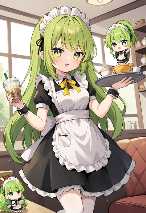 uhd, ((masterpiece)), (super detail:1.2), high quality, best quality, highres, 8k, yellow-green hair, maid, maid outfit, maid ap...