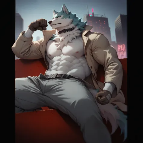 score_9, score_8_up, score_7_up, shirou ogami, wolf anthro, trenchcoat, shirtless, collar, gloves, grey pants, brown shoes, standing on top of building, rooftop, detailed background, neon lights, city, muscle body, muscle flexing, six pack abs