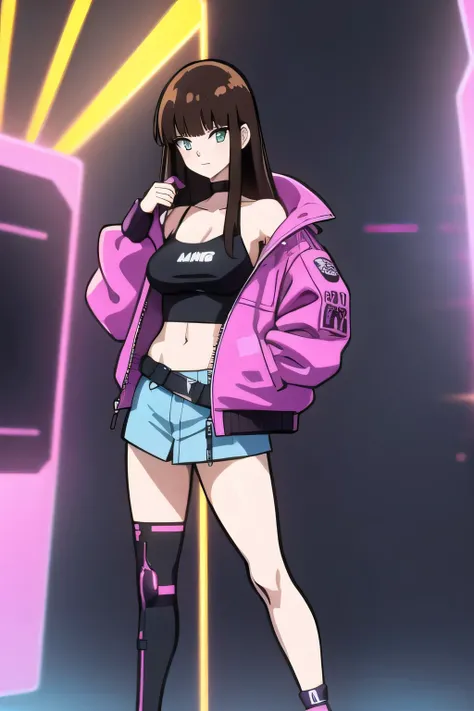 A cyberpunk girl, 1girl, solo, cyberpunk clothes, cyberpunk legwear, 1990s (style), full body, shoulder-lenght hair, bangs, brown hair, she is posing for the camara like if this were an anime poster, medium breast, neon yellow in her jacket, the camera is ...