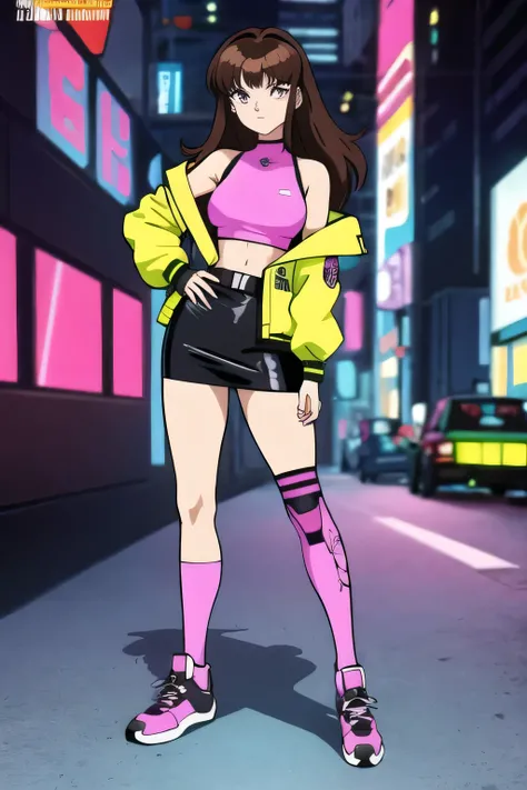 A cyberpunk girl, 1girl, solo, cyberpunk clothes, cyberpunk legwear, 1990s (style), full body, shoulder-lenght hair, bangs, brown hair, she is posing for the camara like if this were an anime poster, medium breast, neon yellow in her jacket, the camera is ...