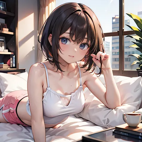 A young woman lounging on her bed in a comfortable, casual loungewear set. She’s wearing a soft, pastel-colored tank top and matching shorts, lying on her stomach, legs bent, casually kicking her feet in the air while she scrolls through her phone. Her exp...