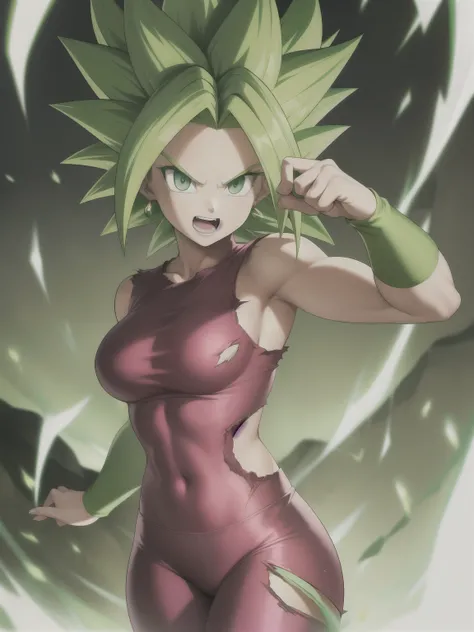 xyzkefla, super_saiyajin, green_Hair, green_eyes, 1 ,  nailed_Hair, Energy, torn_clothes, joy, aura, leggings, red clothes, dramatic, cliff, looking at the viewer