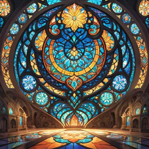 Art Deco:Stained Glass,Bright colors, Intricate details. Very detailed, Complex motifs, Organic mesh pattern, Perfect composition, DIGITAL PAINTING, Art Station, Concept Art, ,, shape, T Masterpiece, Please redeem, Awards, High resolution, Landscape painti...