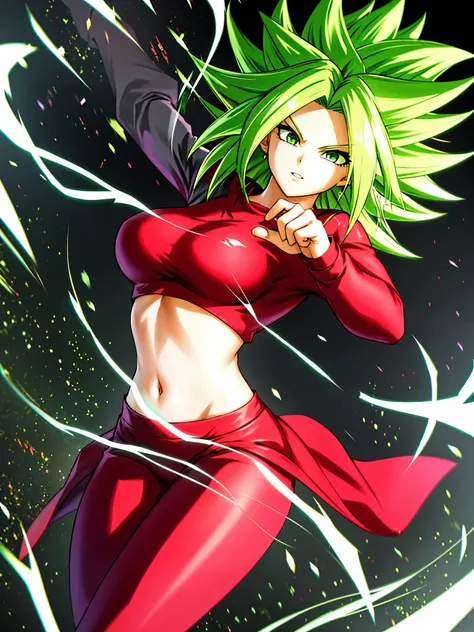 xyzkefla, super_saiyajin, green_hair, green_eyes, 1 , nailed_hair, energy, torn_clothes, joy, aura, leggings, red clothes, drama...