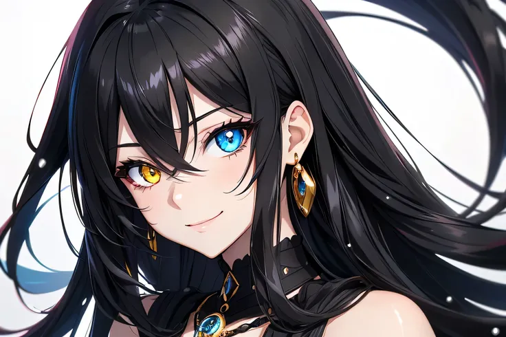 Anime Girl 20 years, balck-withe hair, elegant and sofisticate, happy, with luxurious jewelry, one eyes black, one eye white, happy, smiling, Heterochromia blue and yellow.

Hot clothes, hot girl, hot eyes, hot face, near,