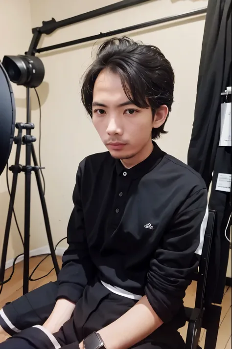 Male, wearing black shirt, at the photo studio, sit, elegant expression