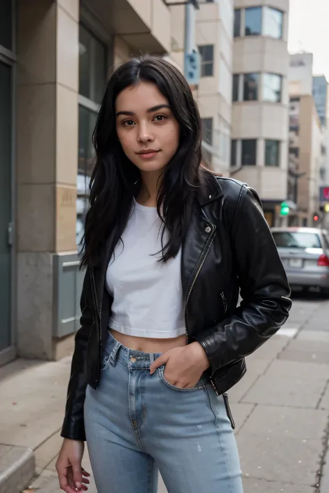 A 17-year-old girl standing on a city sidewalk in the afternoon, wearing a trendy black leather jacket over a white t-shirt and high-waisted blue jeans. Her long, jet-black hair flows loosely over her shoulders as she stands confidently with one hand in he...