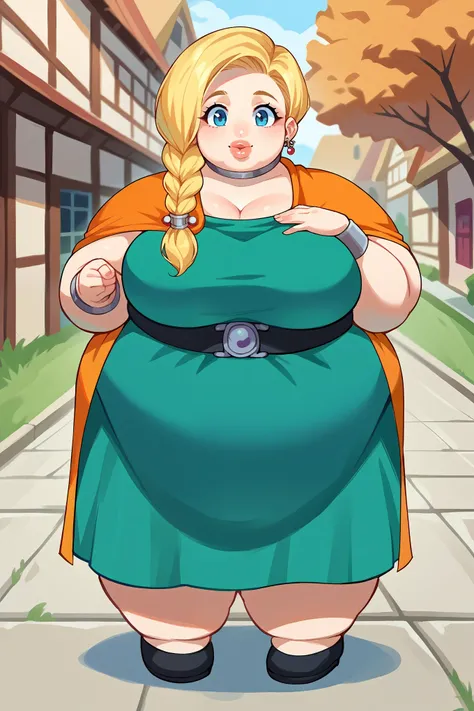 score_9, score_8_up, score_7_up, source_anime BREAK 1girl, solo,  dqBianca, single braid, hair over shoulder, earrings, choker, orange cape, green dress, belt, (large breasts:0.9), happy, looking at viewer, village, autumn, waist up, hand on own chest, fat...