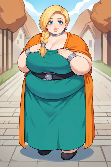 score_9, score_8_up, score_7_up, source_anime BREAK 1girl, solo,  dqBianca, single braid, hair over shoulder, earrings, choker, orange cape, green dress, belt, (large breasts:0.9), happy, looking at viewer, village, autumn, waist up, hand on own chest, fat...