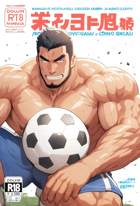 a close up of a cartoon soccer player with a soccer ball, by Okada Beisanjin, doujin, gigachad muscular, anime cover, by Tadashi Nakayama, manga cover style, full color manga cover, game cover, muscular! fantasy, oppai, manga cover art, muscular!!, by Shib...