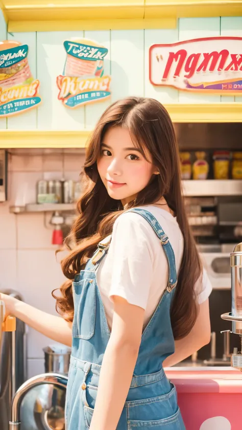 Portrait MagMix Girl Looking at Camera, Long Hair, Overalls, Retro ice cream parlor with pastel colored walls, Classic Soda Fountain Counter, Vintage ice cream poster, Bathed in the warm sunlight, Analog Film Photography, Kodachrome.