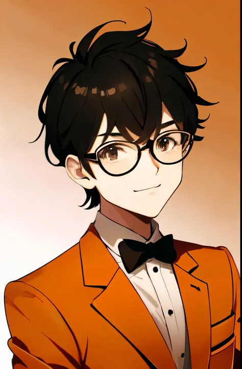 happy black hair boy with fancy orange clothes and glasses