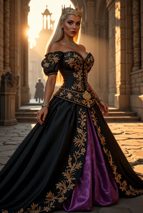 ((best quality, masterpiece, score_9, score_8_up)), intricate details, sharp focus, professional, real life, realistic representation of the face, dynamic pose, BREAK ((detailed (((athletic, (dark suntan, (black purple chinoiserie renaissance ball gown, (q...