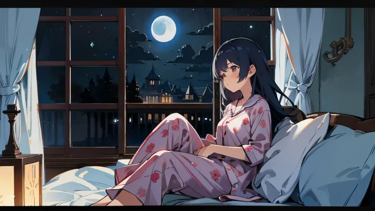 Girl sitting by the window。Moonlight。night。pajamas。