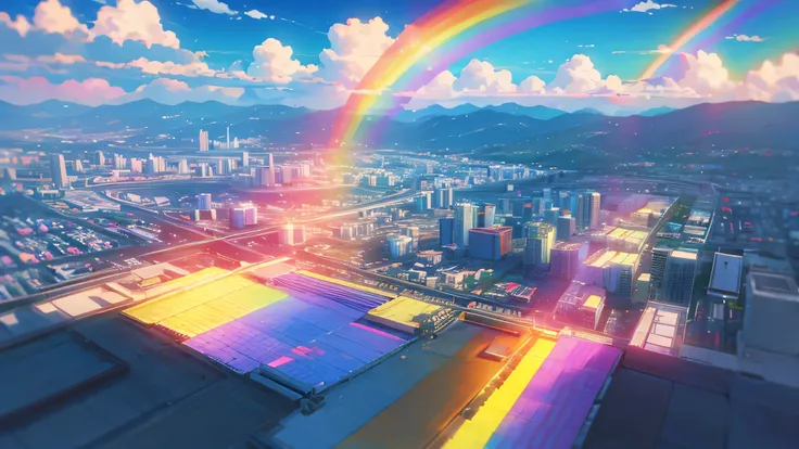 anime colorful sunny city with rainbow