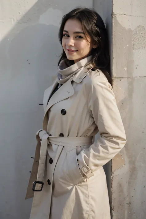 A 17-year-old girl standing in front of a sleek, white-washed wall, wearing an oversized beige trench coat with a colorful scarf. Her straight black hair shines under the soft light, as she leans slightly against the wall, giving a warm smile and placing o...