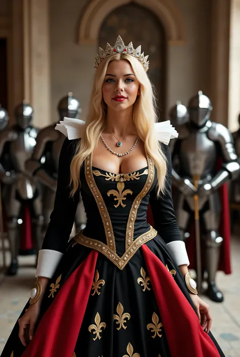 ((best quality, masterpiece, score_9, score_8_up)), intricate details, sharp focus, professional, real life, realistic representation of the face, dynamic pose, BREAK ((detailed (((athletic, (dark suntan, (black red white fleur-de-lis renaissance ball gown...