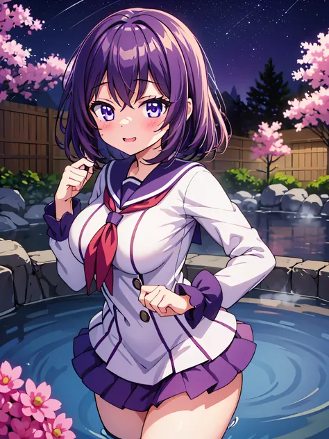 Highly detailed, high quality, masterpiece, beautiful, (all photo shooting), girl student girl, anko koshi character, perfect eyes, blushing face, happy face, big thighs, medium breast, short skirt, purple sailor suit, sexy, full panties show, hot spring b...