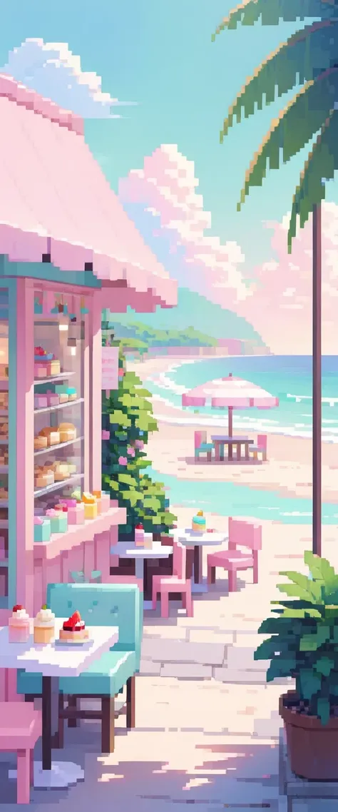 lofi cozy dessert shop , pastel ,minimal ,cute , kawaii, beach