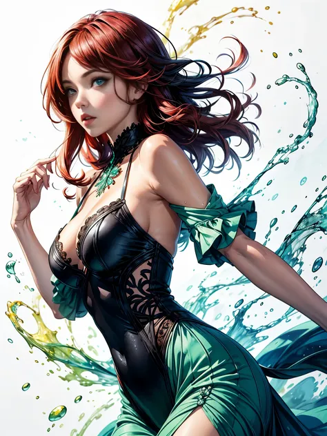 A black woman with red hair and light green eyes, wearing elegant party clothes, with scattered contours and white background, intricate details, low key, watercolor, splash