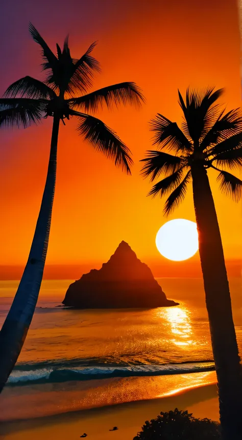 Overlooking a lush tropical island, Gentle waves on the beach, Palm trees, Dense forest in the hills. Dramatic orange sunset.
High Contrast, High saturation, Very detailed, High image quality, masterpiece, Volumetric Light, Light, Vibrant colors, Written b...