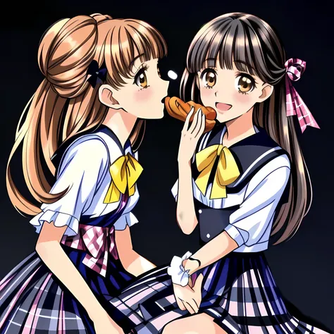 (highest quality, masterpiece: 1.6),  (Two beautiful girls are seated side-by-side and facing each other and a vertical long baguette is standing between them: 2.0),  (Too beautiful girls are looking down and hugging the baguette , they are eating the bagu...