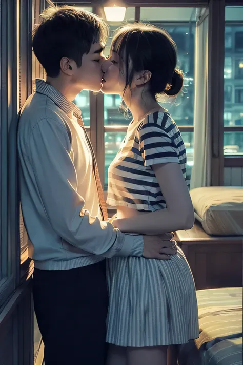 amazing portrait of a sexy and  woman  wearing a black and white striped t shirt and a dark green skirt kissing and making out p...