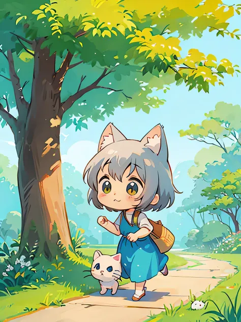 Hayao Miyazaki Style, Cute design, The most beautiful woman of all time、Chibi、(((Cute kitten)))、(((stroll)))