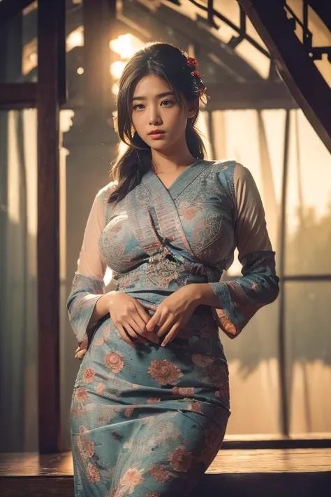 (dark shot:1.4), 80mm, (dark shot:1.4), masterpiece, best quality, game_cg, in summer, girl, solo, medium hair, white hair, looking at viewer, brown eyes, gigantic breasts nearly exposed, perfect booty, 80mm, epic realistic, painting of a geisha with europ...