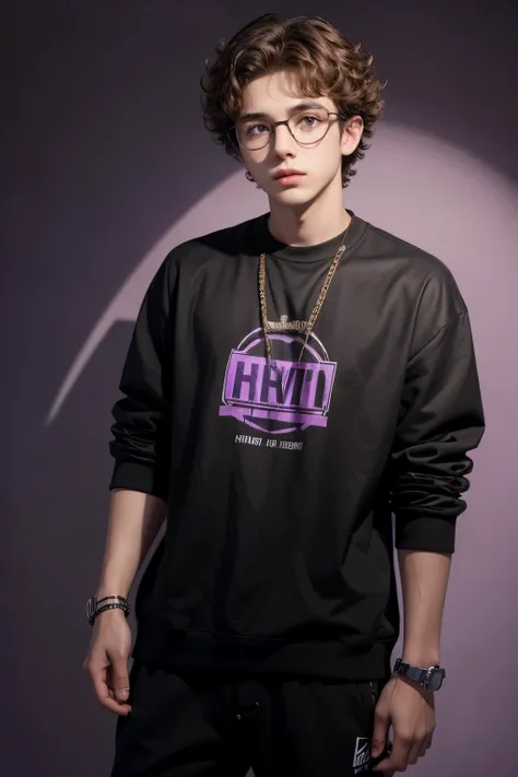 logo. A boy, brown, curly hair, wearing glasses, black and purple backdrop color, name written behind HIP-HOP Daniel.