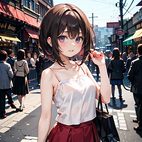 A young woman walks shyly through a bustling shopping street, wearing a white camisole and a dark pink mini flared skirt. Her cheeks are flushed with embarrassment as she glances around, feeling the attention of passersby. She fidgets with her hair and clu...