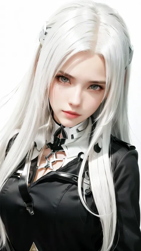 There is a woman with long white hair and a black top., tifa lockhart with white hair, perfect white haired girl, cyborg - girl with silver hair, perfect android girl, with white hair, Fine details. Girls on the front line, white haired, realistic anime re...