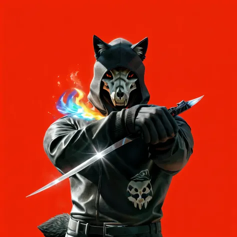 Male muscular black anthro wolf, furry black hand, wearing black chlotes, wearing black hoodie covering his head, black ear, black wolf skull mask, hand crossed in front of face, right hand holding short sword, right hand fist clenched and burned by rainbo...