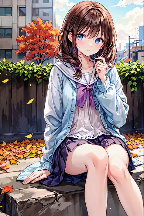 there is nothing、masterpiece、Chizuru Ichinose、Brown Hair、I、For women、High school girl、School、autumn leaves、Sitting、Detailed Background、Detailed eyes、（（Brown eyes））,Beautiful perfect legs, Clean and perfect hands，Brown Hair，Shortcuts，Messy Hair，Short braide...